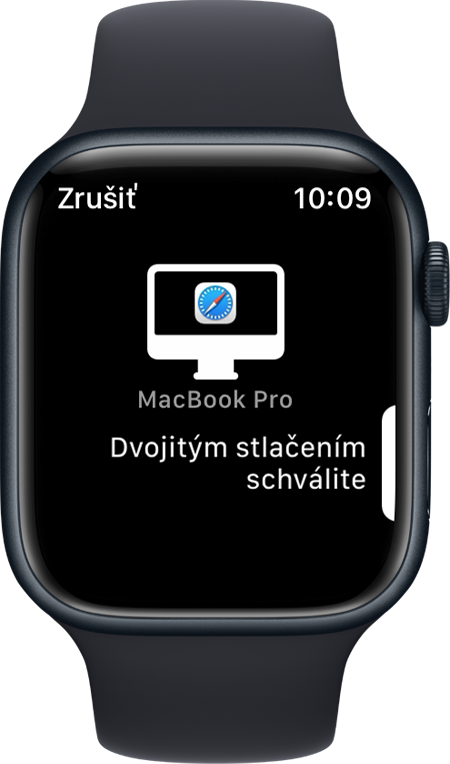 Obrazovka hodiniek Apple Watch so správou „Dvojitým stlačením schválite“