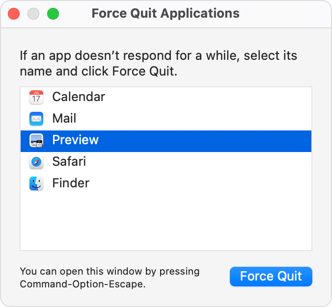 Прозорец Force Quit Applications (Принудително затваряне на приложения)