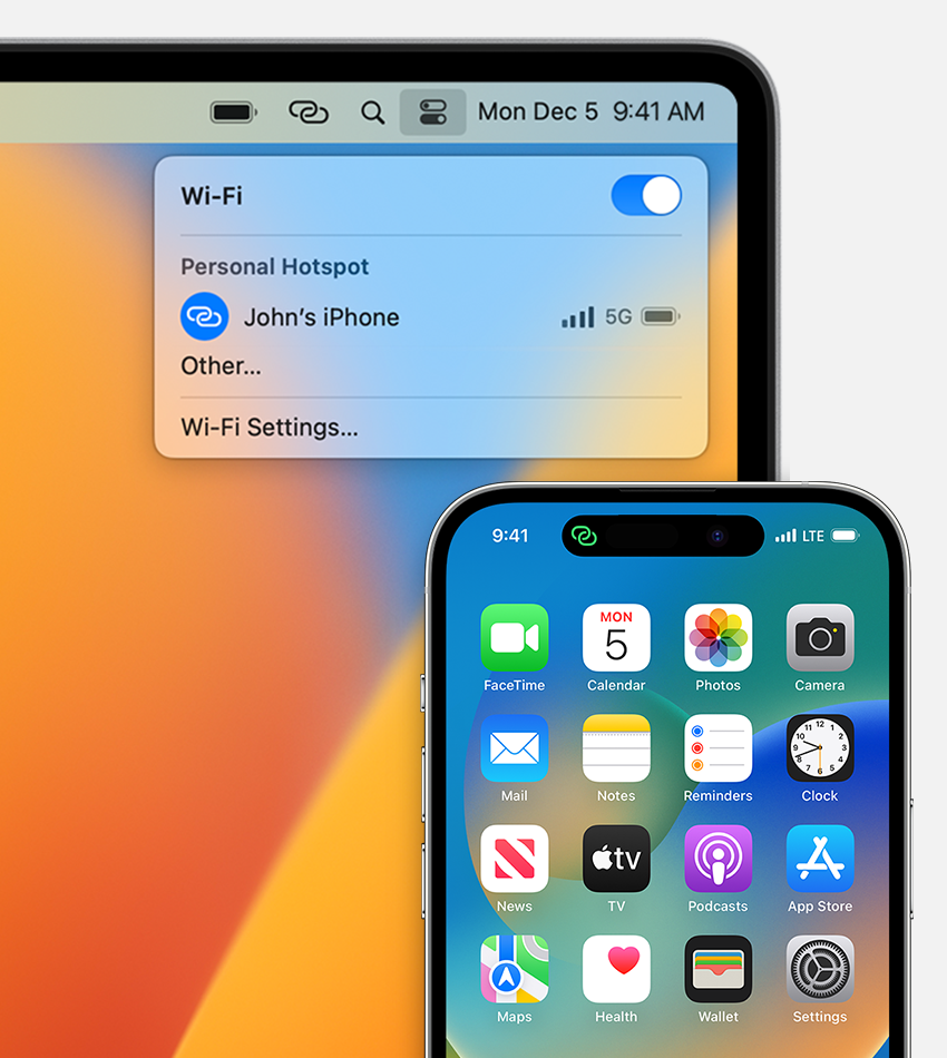 Personal Hotspot icon in macOS and iOS after connecting