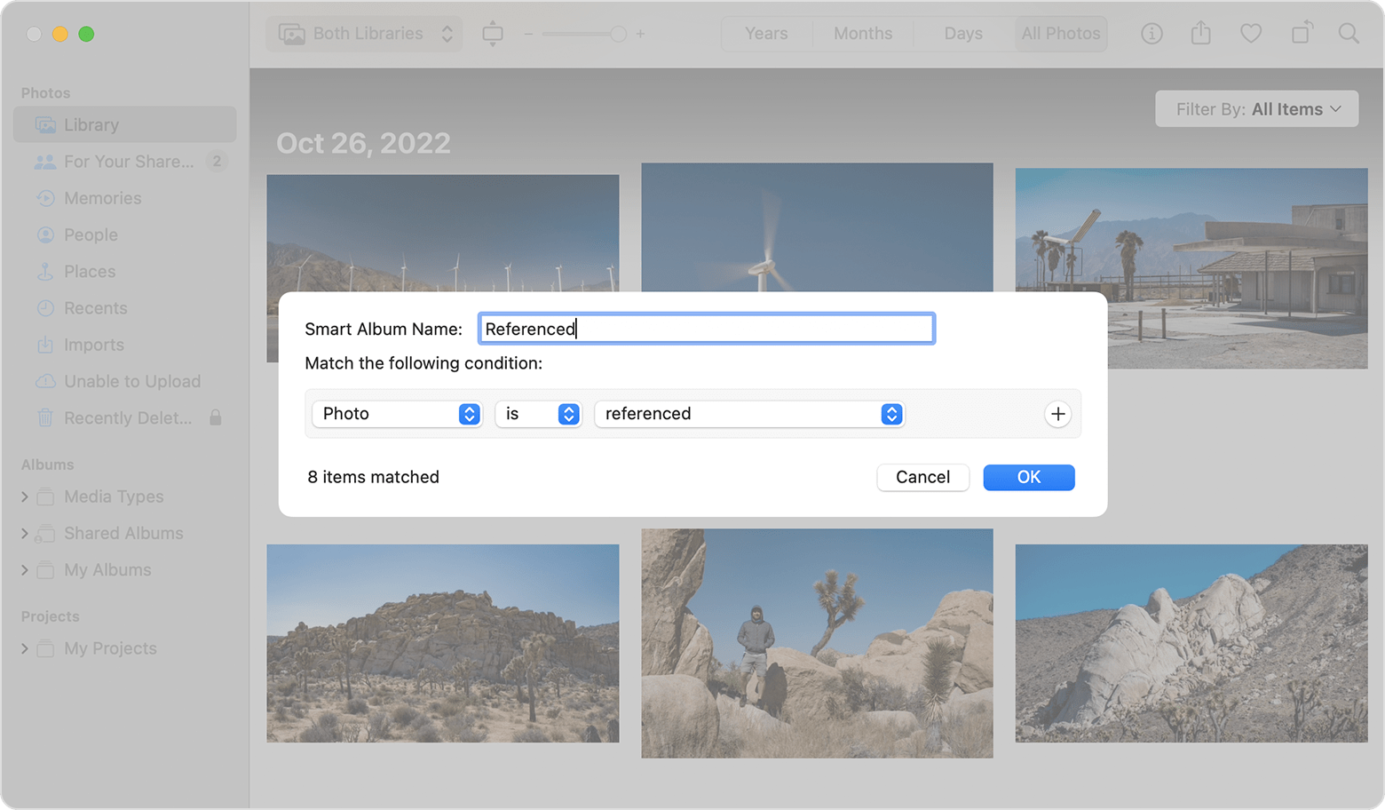 New Smart Album dialog showing a Smart Album being named “Referenced” and setting the conditions to “Photo is referenced.” 