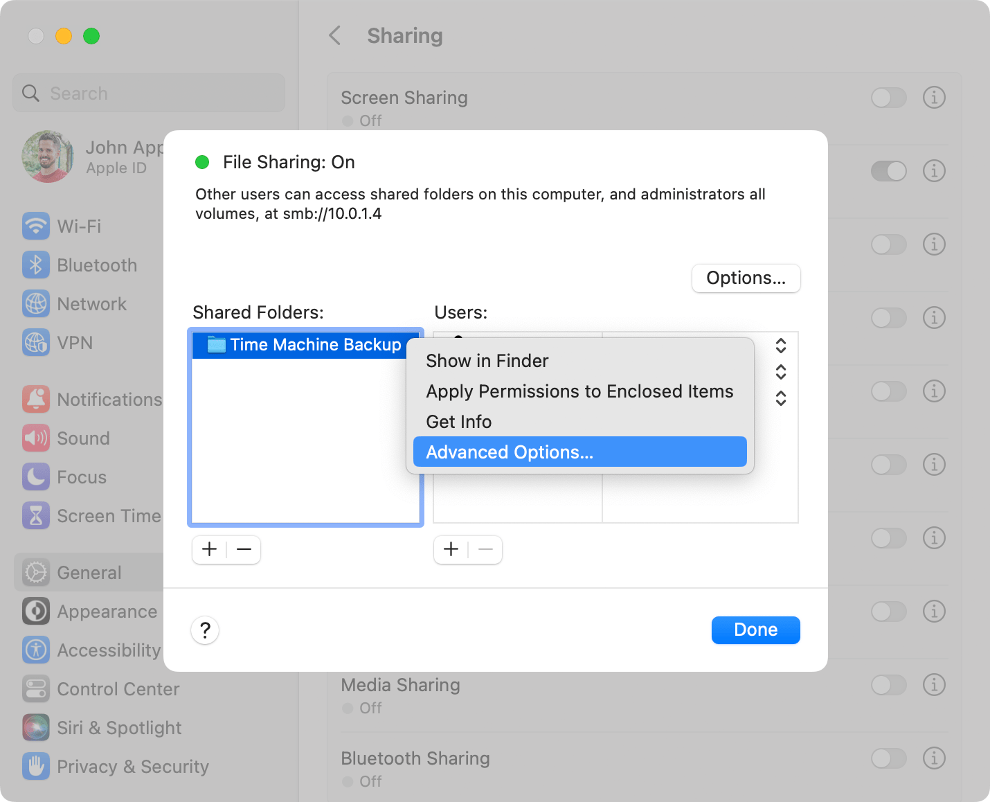 Sharing settings, Advanced options