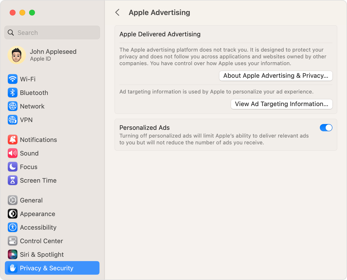 In macOS System Settings, turn off personalized ads