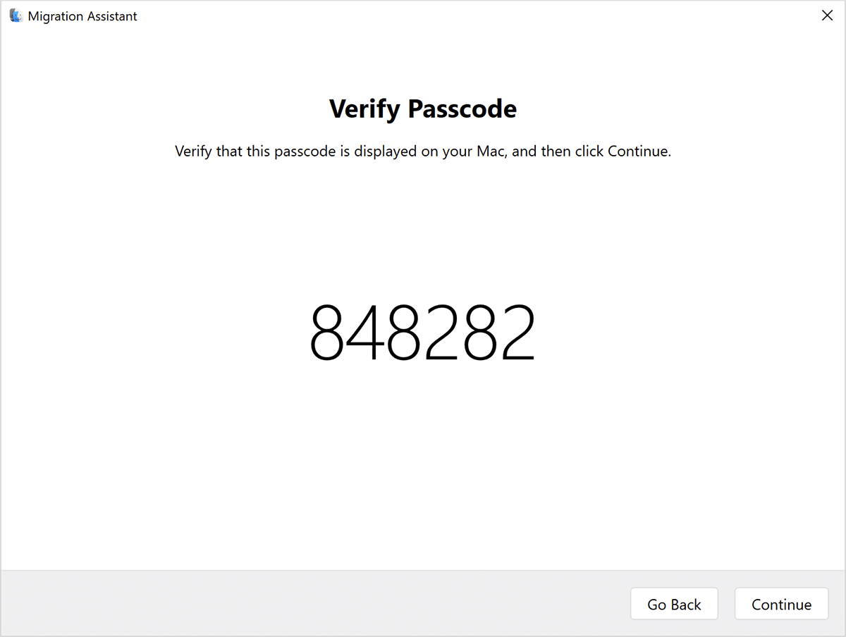 Migration Assistant on PC: Verify Passcode