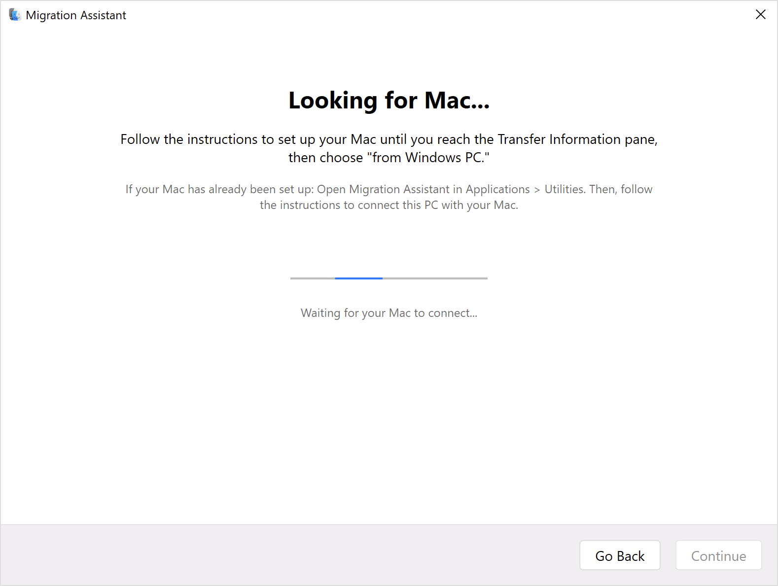 Migration Assistant on PC: Looking for Mac...