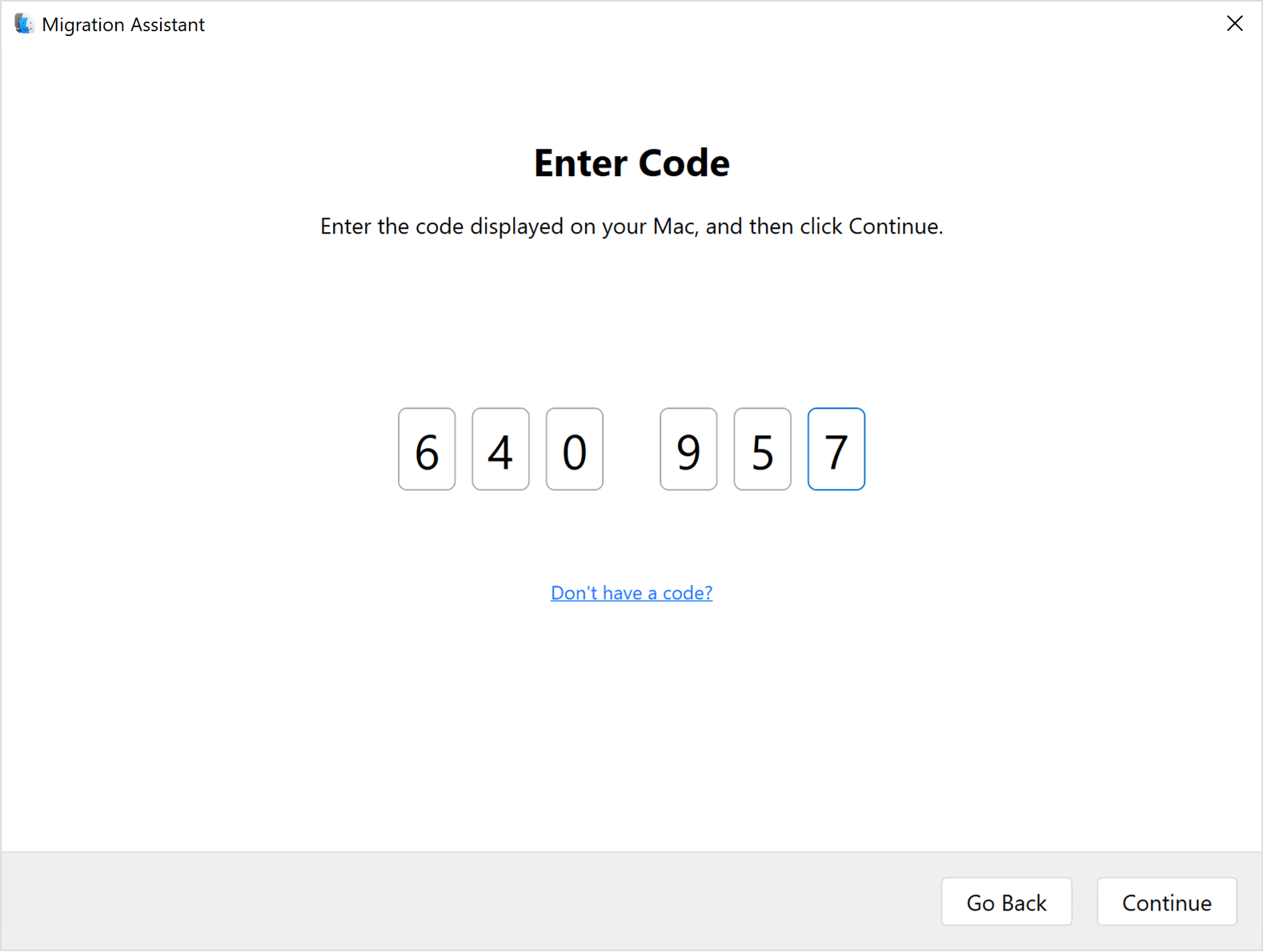 PC 上的“迁移助理”：“Enter Code”（输入代码）