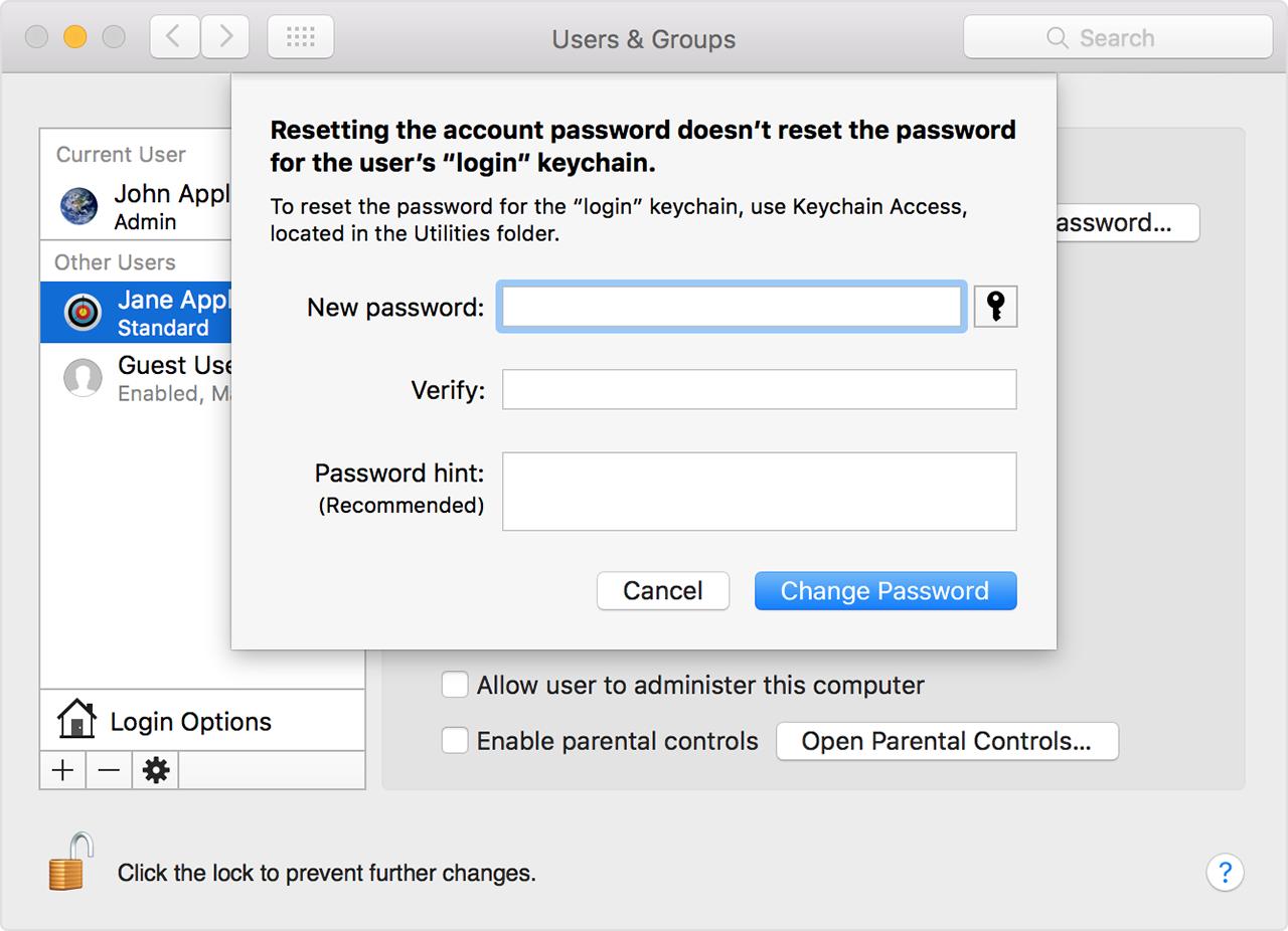 Users and Groups pane that gives the option to enter and verify a new password