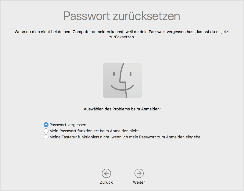 Der Bildschirm „Passwort zurücksetzen“ mit der Option, das Problem auszuwählen, das dazu führt, dass das Passwort zurückgesetzt werden muss
