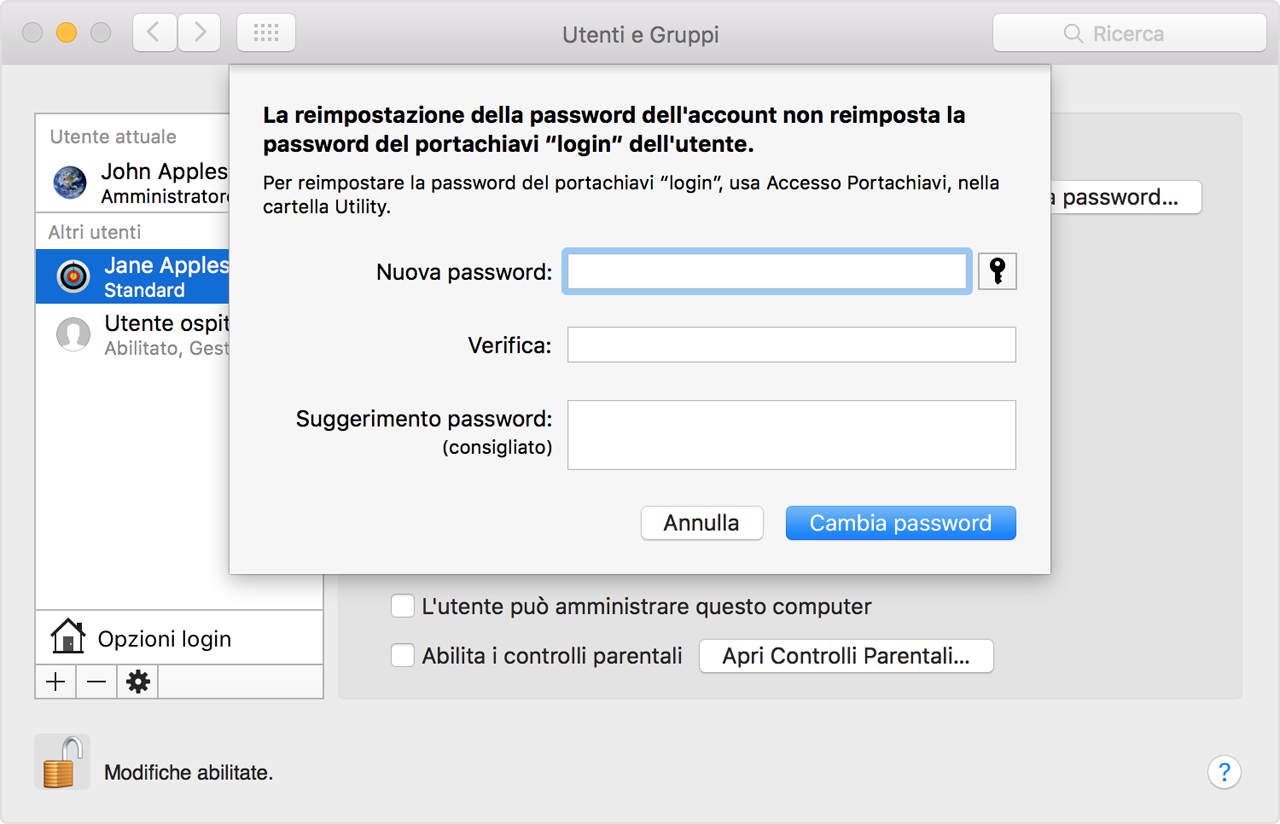 Pannello Utenti e Gruppi che offre la possibilità di inserire e verificare una nuova password