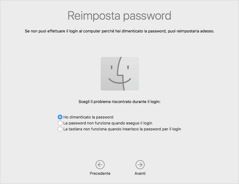 La schermata di reimpostazione della password con la possibilità di selezionare il problema che stai riscontrando e per cui devi reimpostare la password