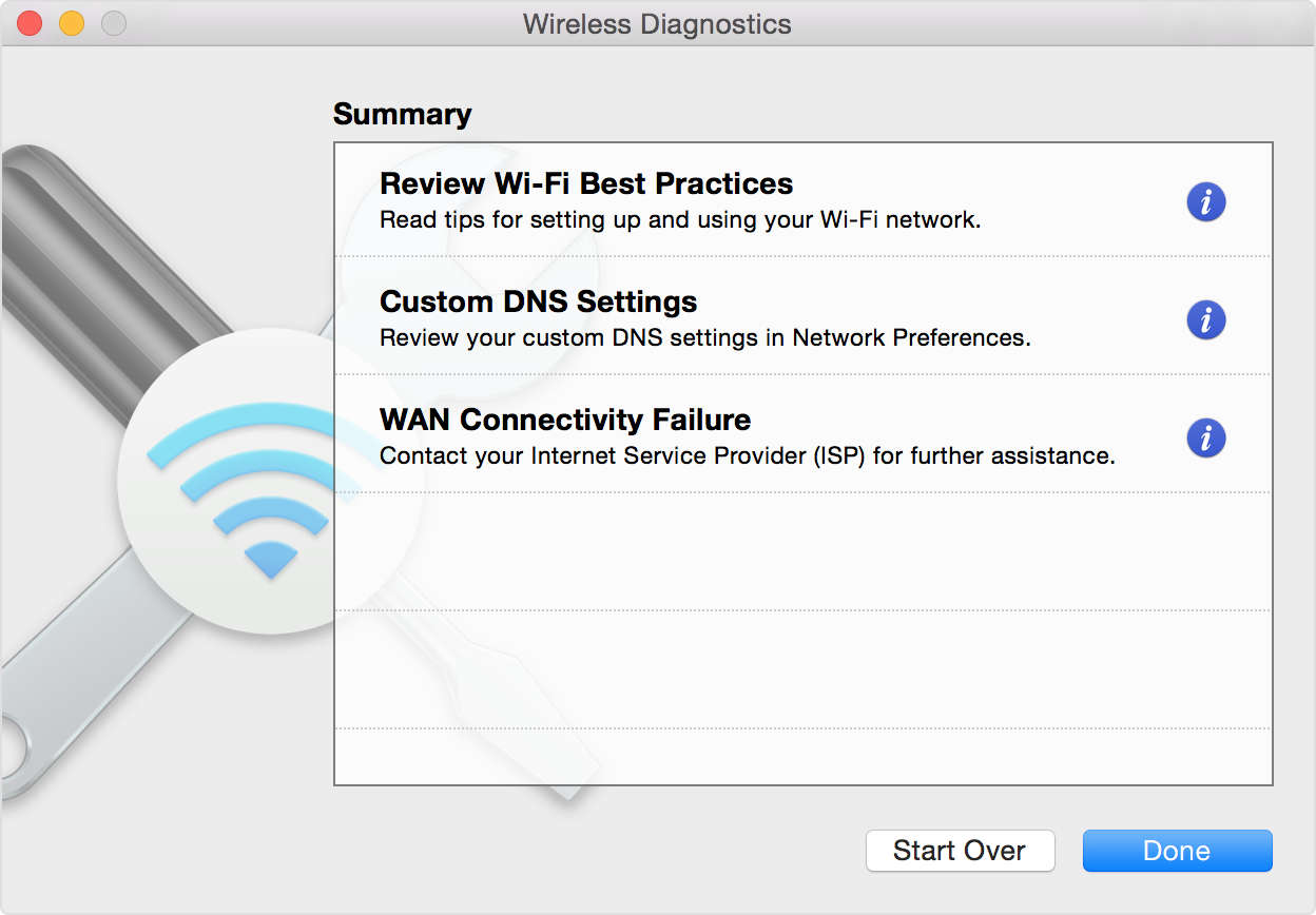 Wireless Diagnostics window, showing diaganostic results