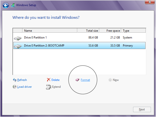 Finestra del programma di installazione di Windows che mostra il pulsante Formatta