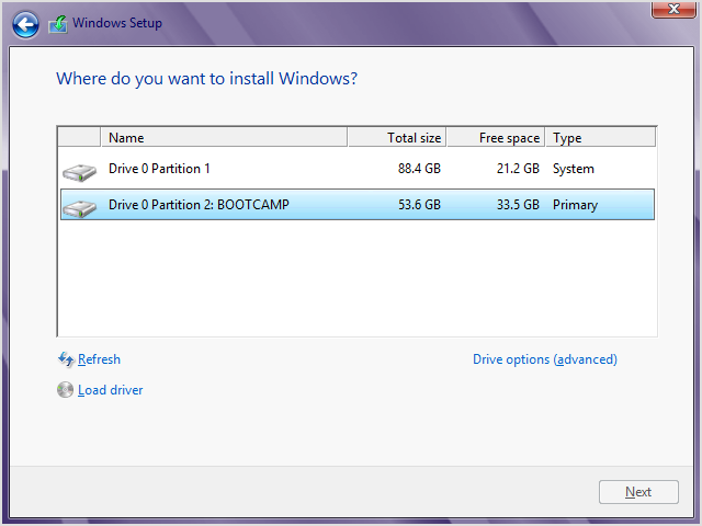 Finestra del programma di installazione di Windows