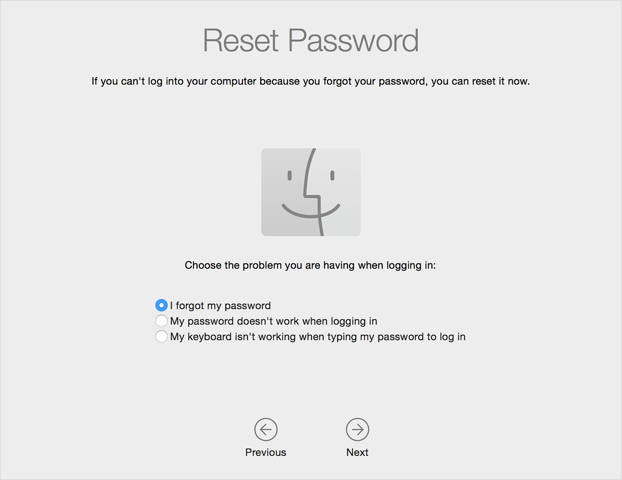 The reset password screen with the option to choose the problem you're having that is resulting in you needing to reset your password
