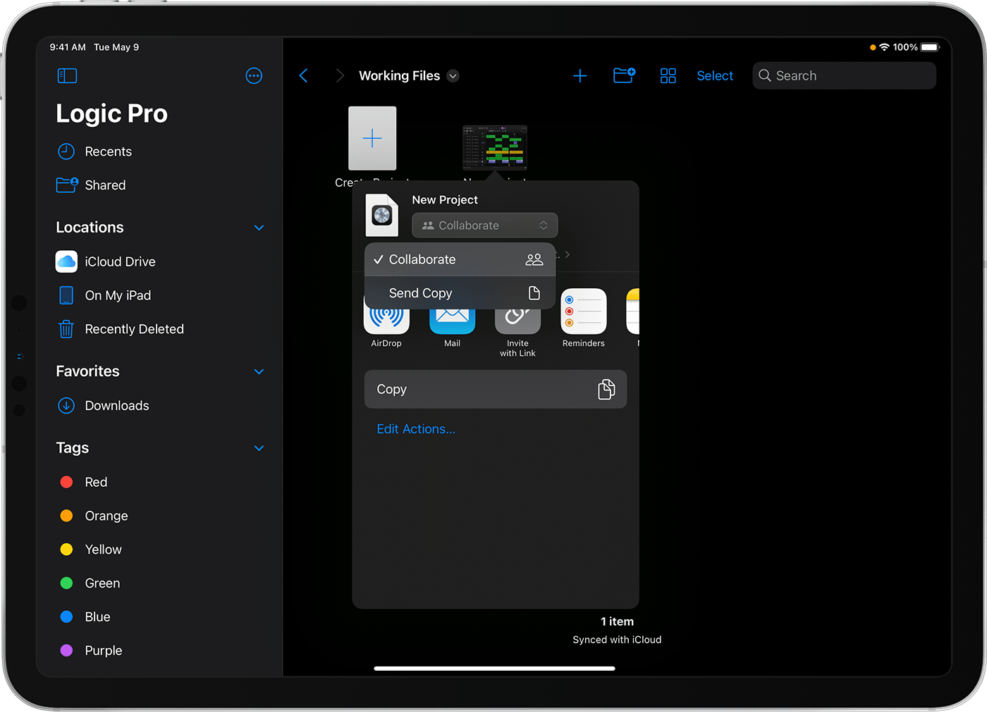 Logic Pro for iPad default folder with the Share window showing Collaborate selected from the pop-up menu