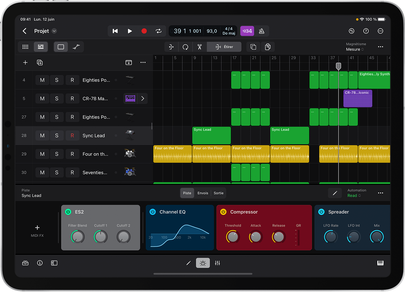 Logic Pro for iPad showing plug-in tiles.