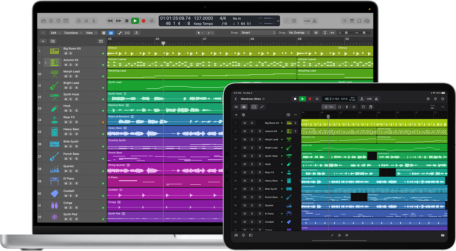 A Mac and an iPad showing the Logic Pro apps on Bothe devices