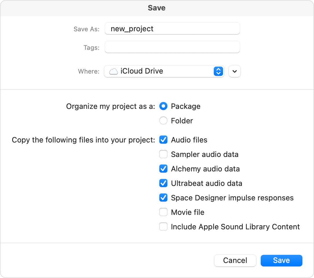 Save window, showing Package selected as the correct format for saving a GarageBand for Mac project that you want to open in Logic Pro for iPad.