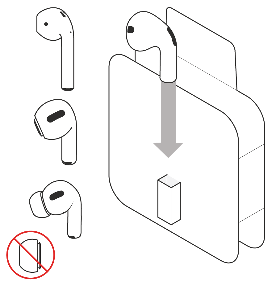 Place your AirPods or AirPods Pro earbuds into the insert by sliding the stem of the AirPods into the paper tube. Fold the top flap in. Don’t include the ear tips. If you include the ear tips, we will be unable to return them to you. 