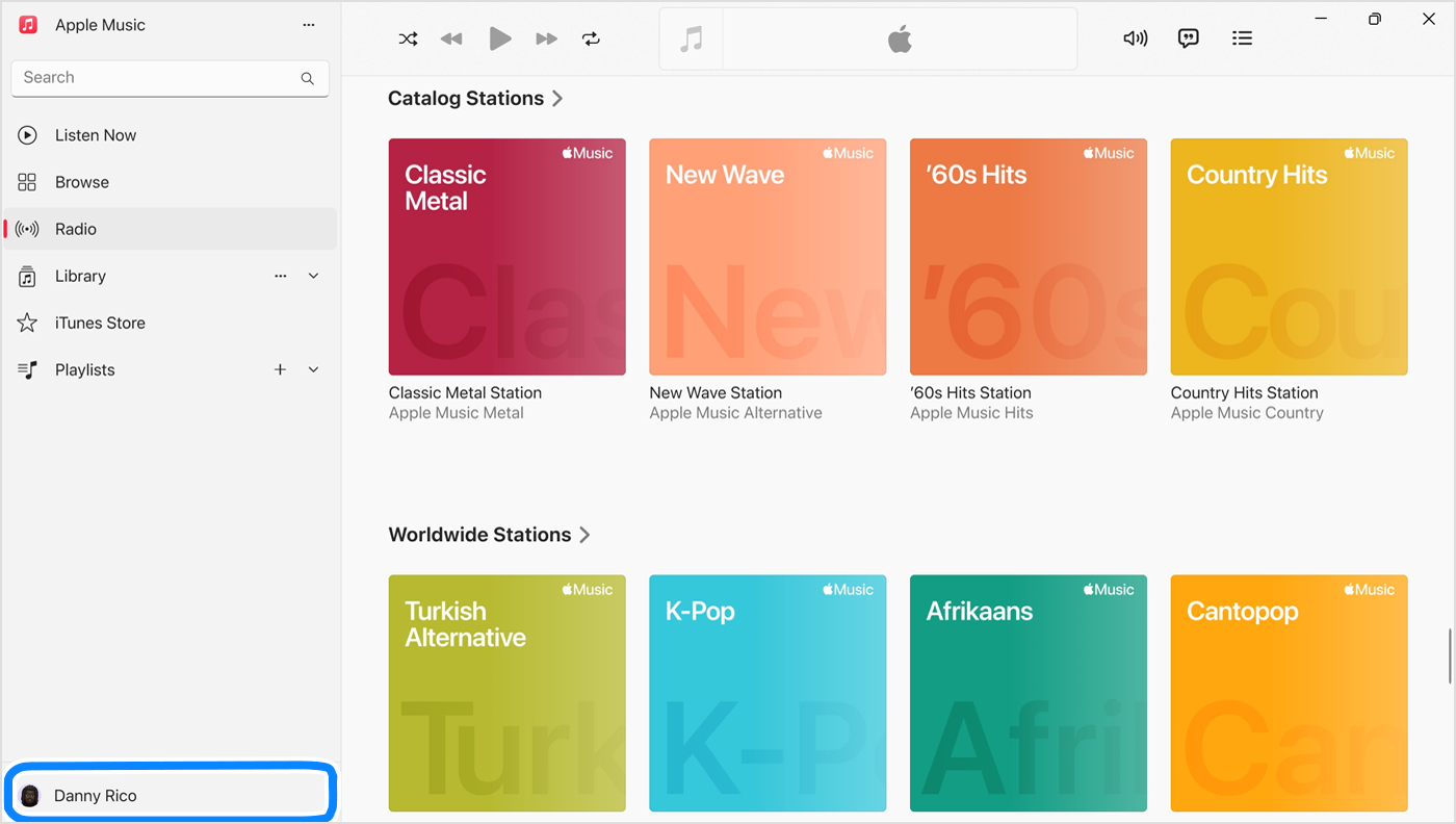Apple Music app for Windows showing a user’s name selected in the bottom of the sidebar.