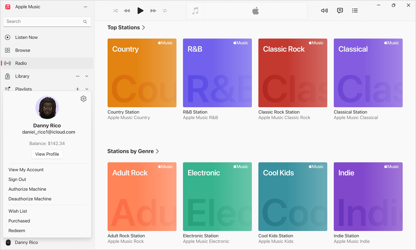 „Apple Music“, skirtos „Windows“, paskyros meniu su rodomu paskyros likučiu.