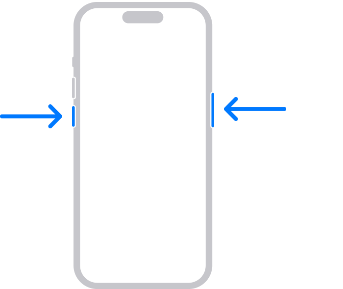 iPhone se šipkami ukazujícími na tlačítka hlasitosti a boční tlačítko