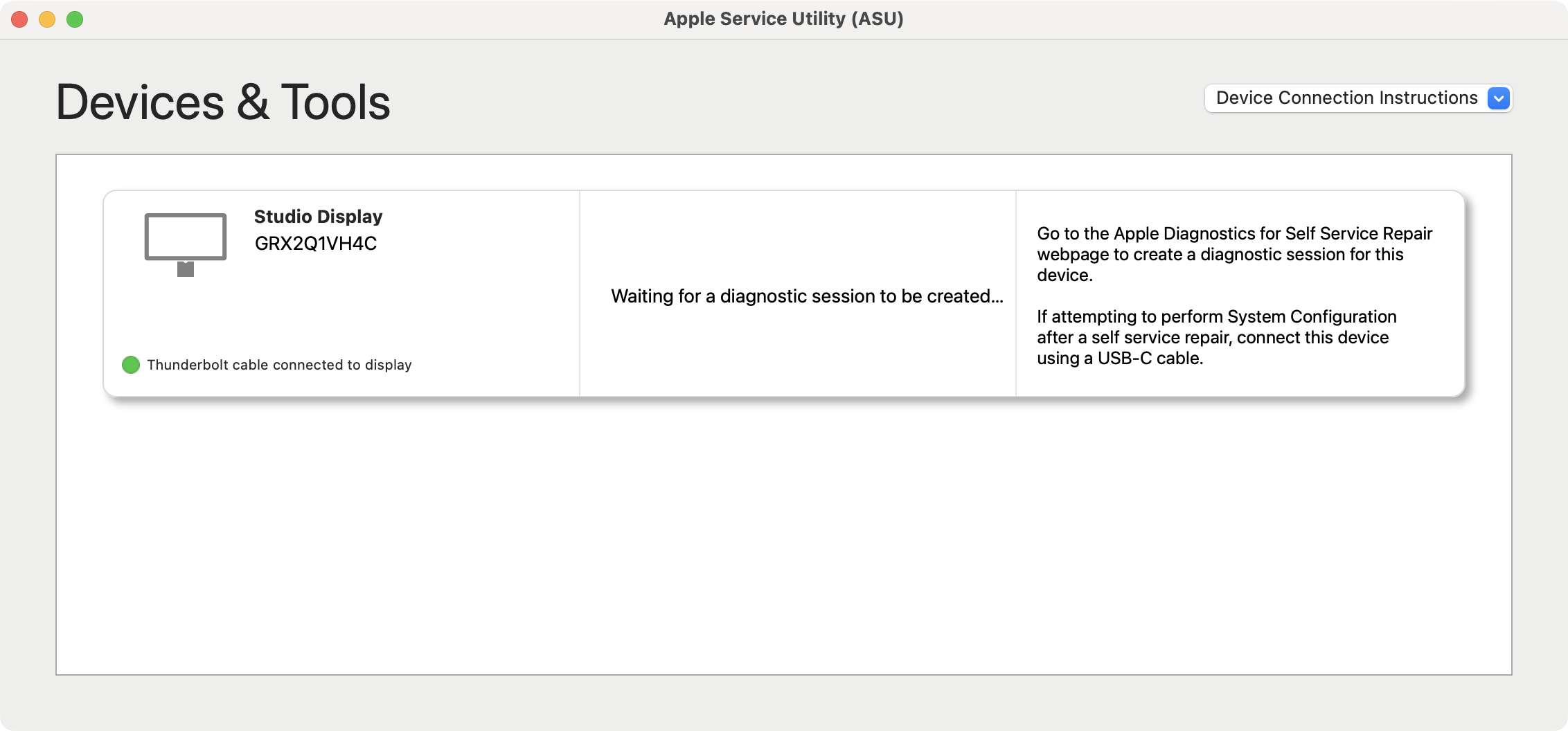 „Apple Service Utility“ laukia diagnostikos seanso ekrano