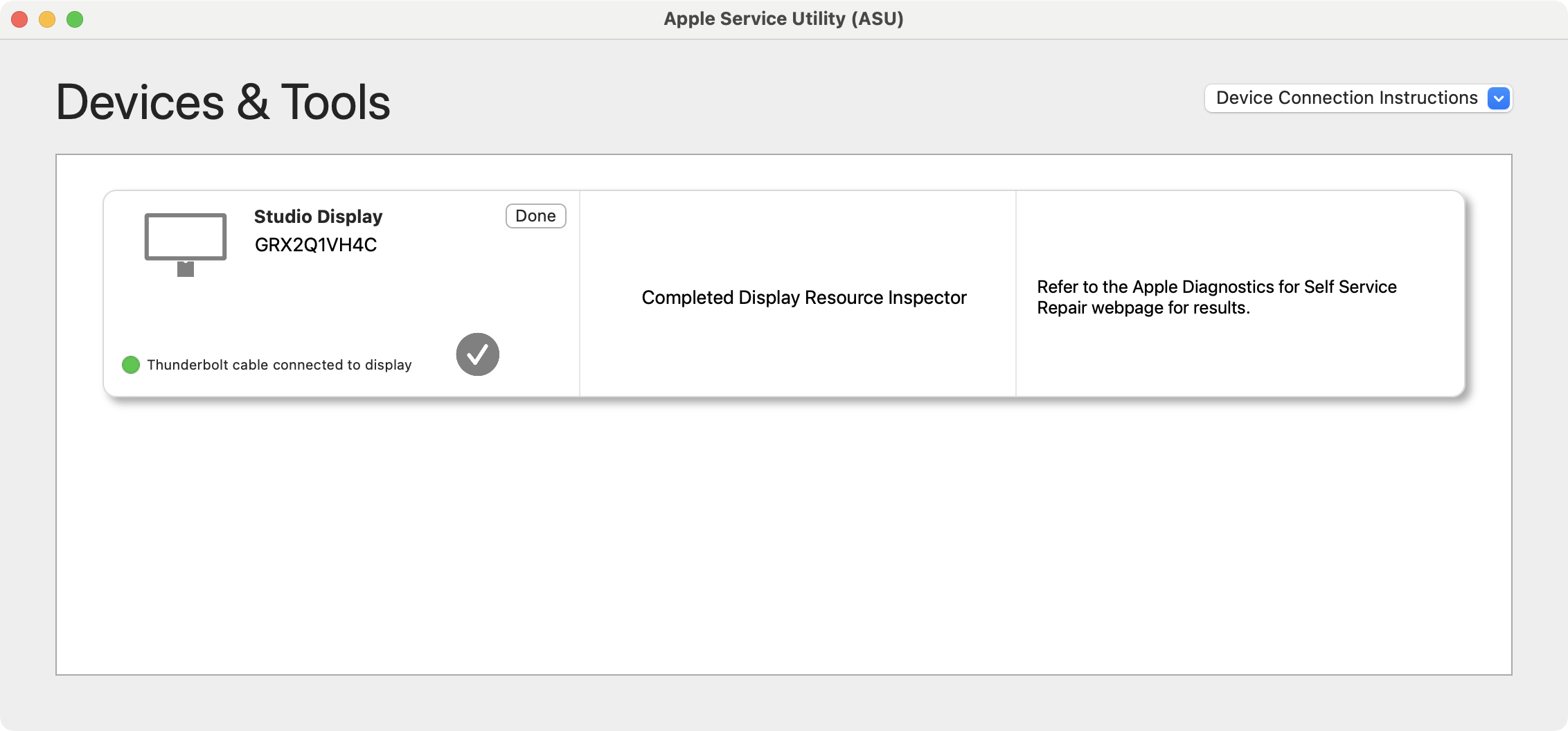 Apple Service Utility ayant terminé les diagnostics